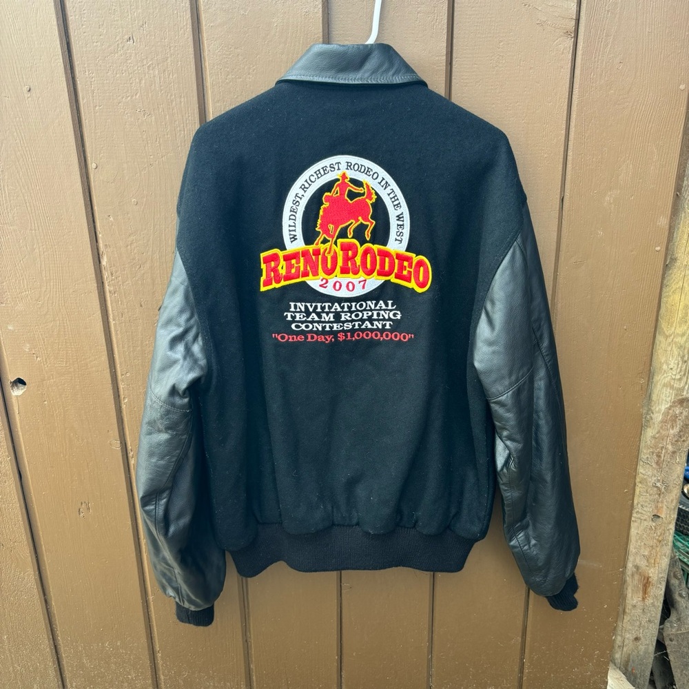 RODEO Leather Jacket Mens Medium Heavy Embroidered Reno Team Roping Leather Wool